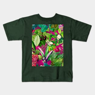 Trendy tropical floral leaves and fruits tropical pattern, pink fuchsia floral illustration over a Kids T-Shirt